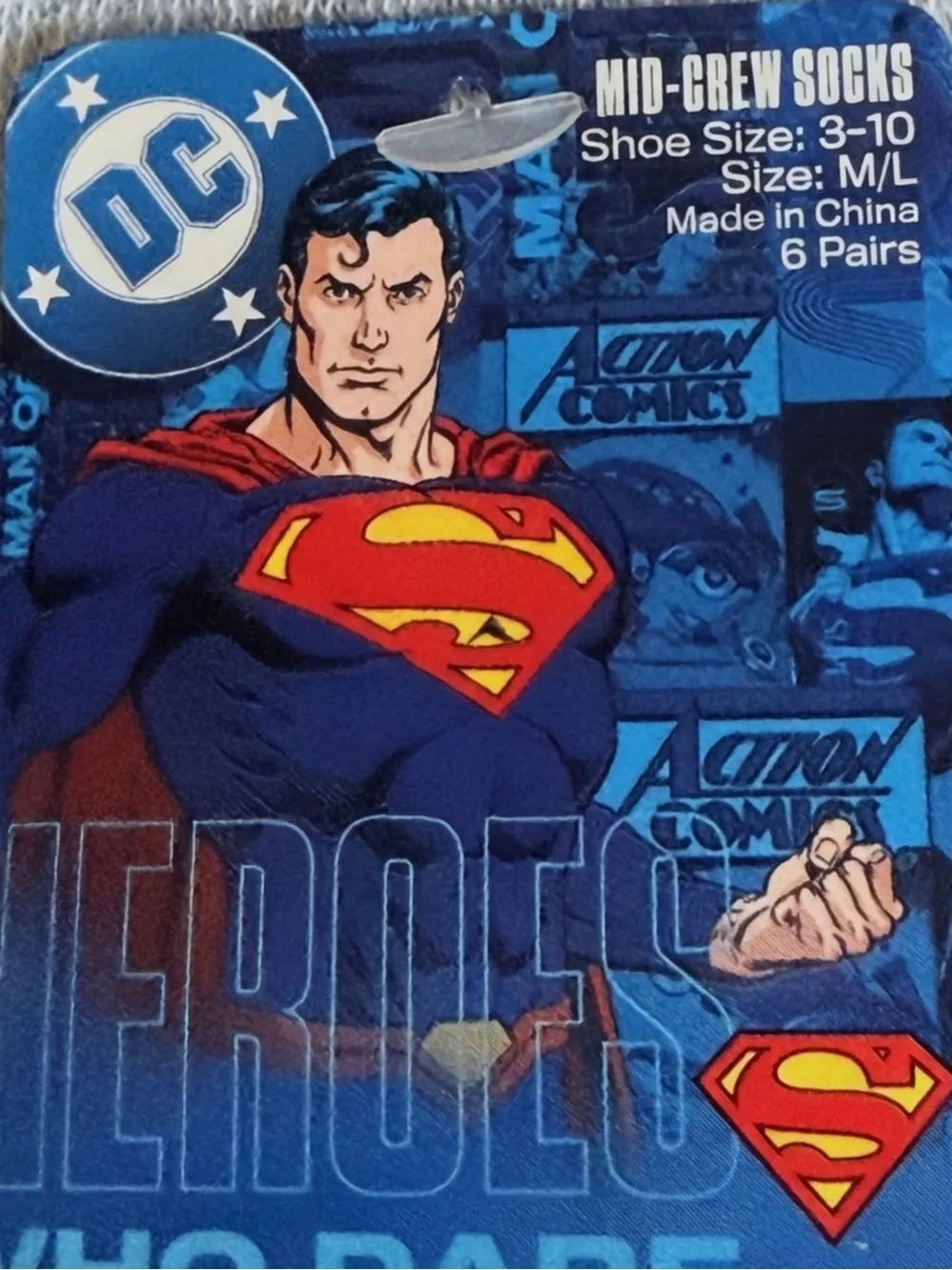 DC Comics Superman 6 Grey Crew Socks with Red and Blue Accents